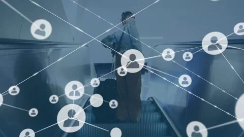 Animation of network of connections with icons over biracial woman on escalator Stock Footage 194690494