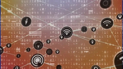 Animation of network of connections with icons over data processing on orange Stock Footage 202569201