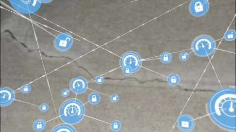 Animation of network of connections with icons over crack in grey surface Stock Footage 220590033