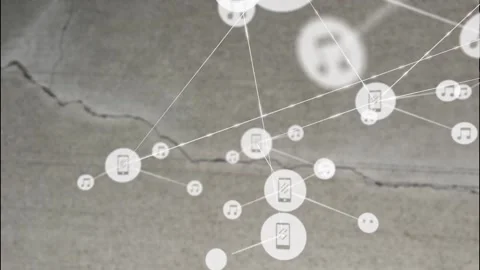 Animation of network of connections with icons over crack in grey surface Stock Footage 220590042