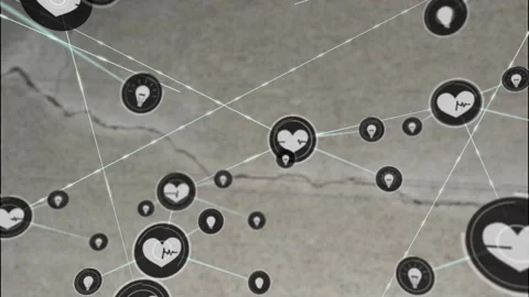 Animation of network of connections with icons over crack in grey surface Stock Footage 220590046
