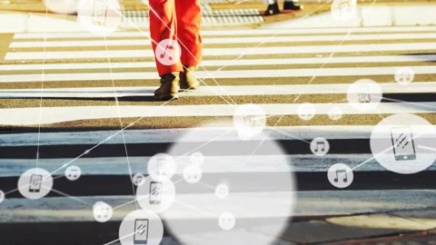 Animation of network of connections with icons over people crossing zebra Stock Footage 239486493