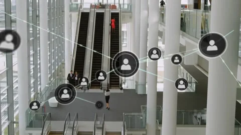 Animation of network of connections with icons over escalator in office Stock Footage 240259934