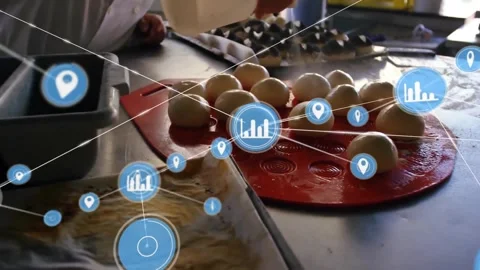 Animation of network of connections with icons over cooking ingredients in Stock Footage 257111093