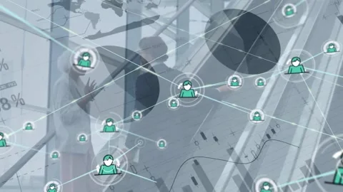 Animation of network of connections with icons over businesspeople on escalator Stock Footage 257176301