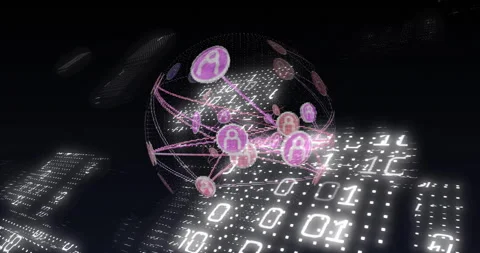 Animation of network of connections with icons over binary coding Video stock 310220740