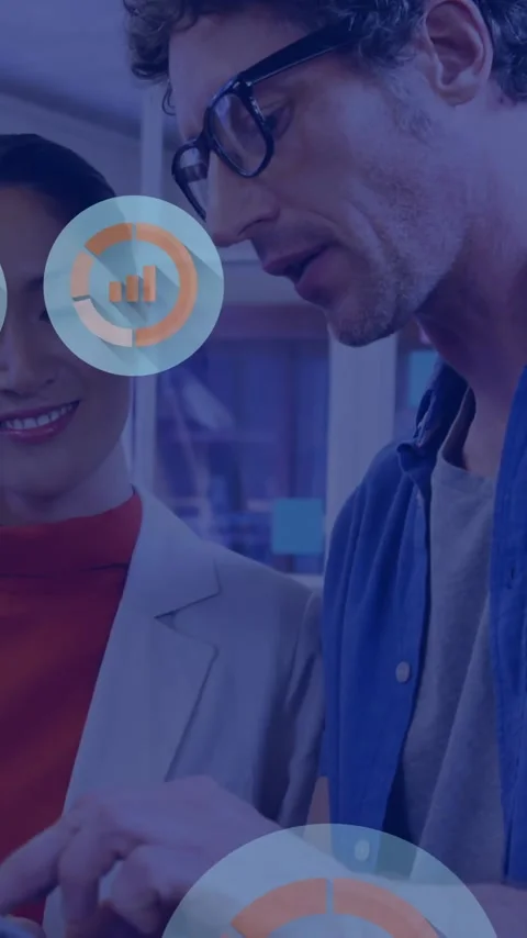 Animation of network of connections with icons over diverse people using tablet Stock Footage 320160202