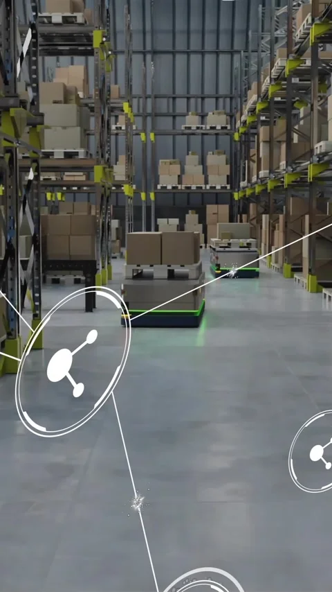Animation of network of connections with icons over machines working in Stock Footage 320444268