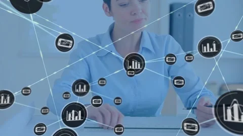 Animation of network of connections with icons over caucasian female architect Stock Footage 326032824