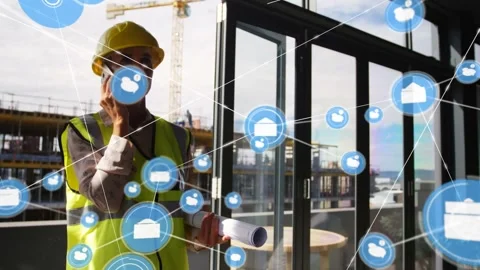 Animation of network of connections with icons over caucasian male engineer Stock Footage 326296663