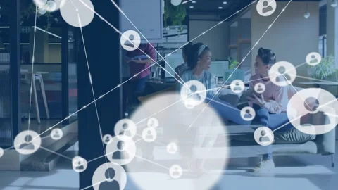 Animation of network of connections with icons over diverse business people in Stock Footage 326631642