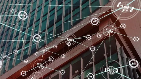 Animation of network of connections with icons over caucasian modern office Stock Footage 326876820
