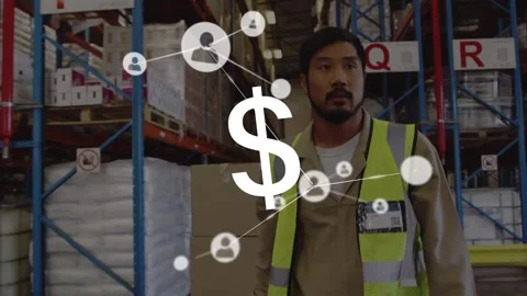 Animation of network of connections with icons over warehouse worker Stock Footage 326879605