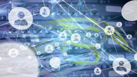 Animation of network of connections with icons over computer server Video stock 327124584