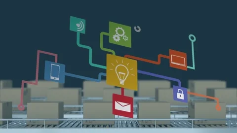 Animation of network of connections with icons over boxes on conveyor belt on Stock Footage 327127692