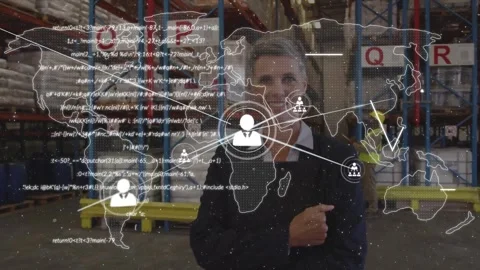 Animation of network of connections with icons over caucasian warehouse worker Stock Footage 327195724