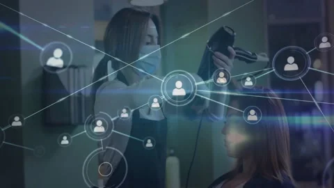 Animation of network of connections with icons over caucasian hairdresser in Stock Footage 327202727