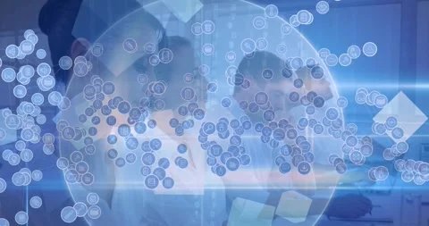 Animation of network of connections with icons over caucasian female doctor Stock Footage 327444225