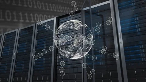 Animation of network of connections with icons over computer servers and binary Stock Footage 327582573