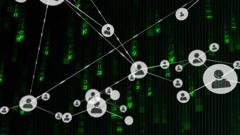 Animation of network of connections with icons over binary coding data Stock Footage 327583833