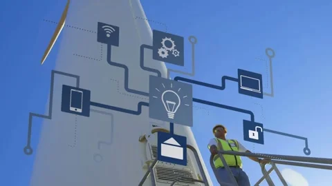 Animation of network of connections with icons over engineer and wind turbine Stock Footage 327584636