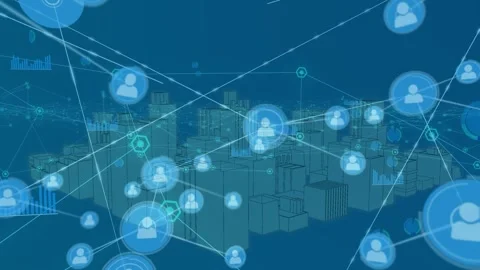 Animation of network of connections with icons over 3d cityscape on blue Stock Footage 327783203