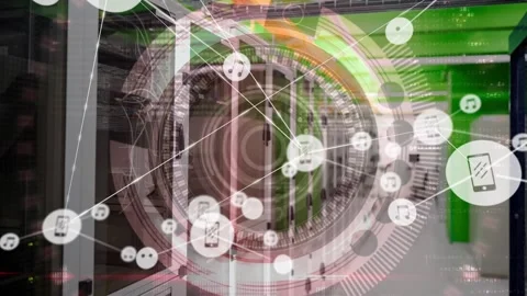 Animation of network of connections with icons over scope and computer server Stock Footage 327845501
