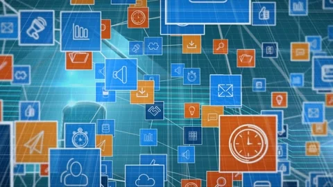 Animation of network of connections with icons over window Stock Footage 327845854