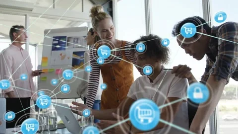 Animation of network of connections with icons over diverse business people in Stock Footage 327898294