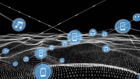 Animation of network of connections with icons over binary coding mesh on black Stock Footage 327956680
