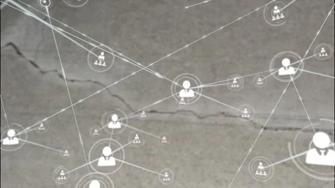 Animation of network of connections with icons over crack in grey surface Stock Footage 328149978