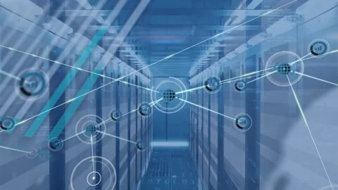 Animation of network of connections with icons over computer servers Video stock 328243554