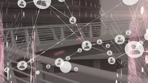 Animation of network of connections with icons over bridge Stock Footage 328633603