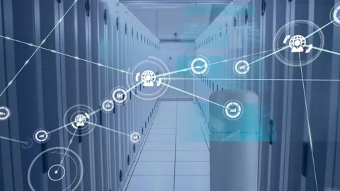 Animation of network of connections with icons over computer servers Stock Footage 328648248