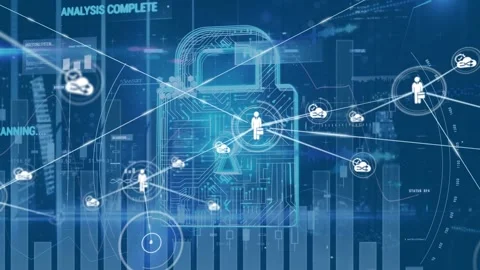 Animation of network of connections with icons over code and digital padlock in Stock Footage 328973741
