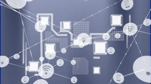 Animation of network of connections with icons over computer circuit board on Stock Footage 328974167