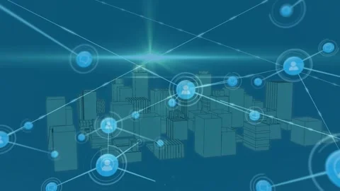 Animation of network of connections with icons over 3d cityscape on blue Stock Footage 328974333
