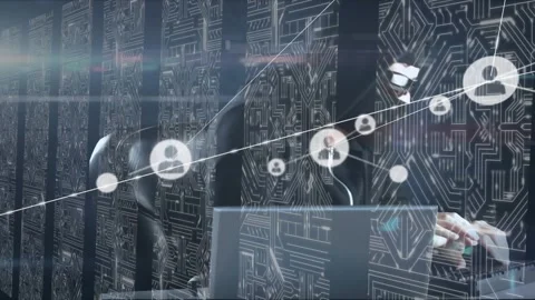 Animation of network of connections with icons over integrated circuits Stock Footage 329124531