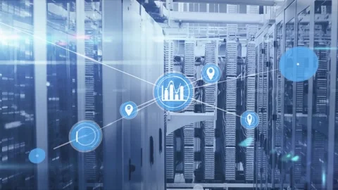 Animation of network of connections with icons over computer servers Stock Footage 329124569