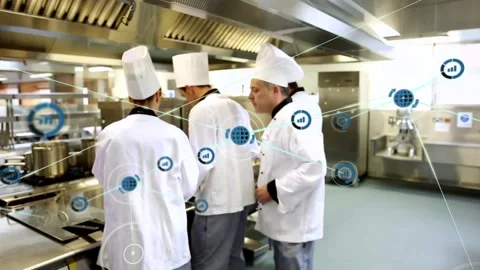 Animation of network of connections with icons over diverse cooks in kitchen Stock Footage 329372507
