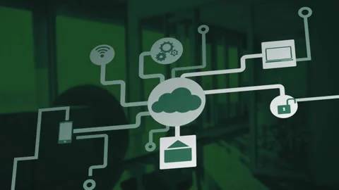 Animation of network of connections with icons over empty office Stock Footage 329412457