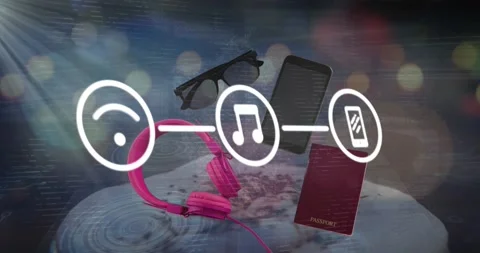 Animation of network of connections with icons over headphones, sunglasses, Stock Footage 329687579