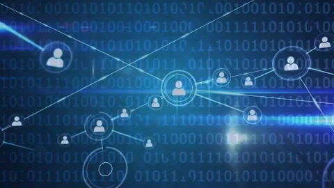 Animation of network of connections with icons over binary coding Stock Footage 329694208