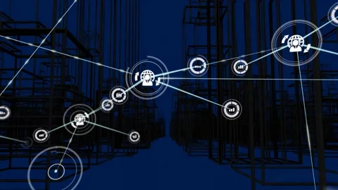 Animation of network of connections with icons over computer servers Stock Footage 329771961