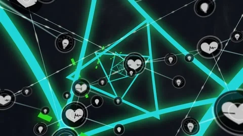 Animation of network of connections with icons over triangles and black Stock Footage 329862994