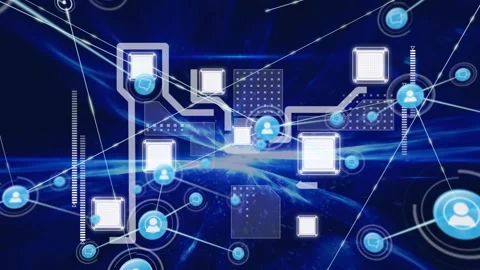 Animation of network of connections with icons over computer circuit board on Stock Footage 329917736