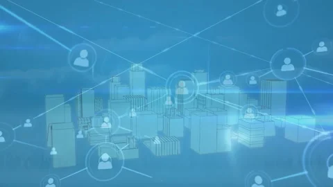 Animation of network of connections with icons over 3d cityscape on blue Stock Footage 329971633