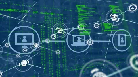 Animation of network of connections with icons over data processing Stock Footage 330055367