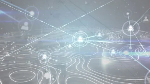 Animation of network of connections with icons over white lines on grey Видео 330058232