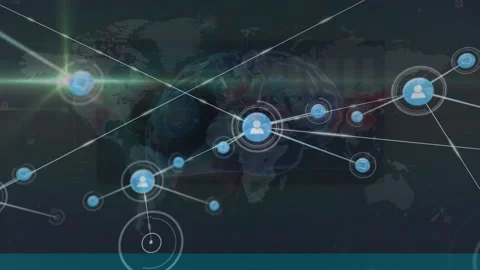 Animation of network of connections with icons over digital brain and world map Stock Footage 330113582